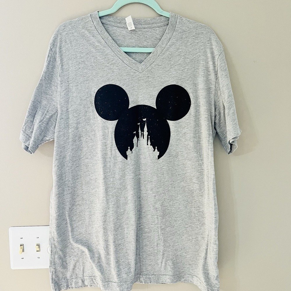 Disney Mickey Castle Shirt Womens XL Gray V Neck Graphic Tee Disneyland